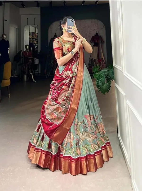 Red_And_Green_Cotton_Semi_Stitched_Kalamkari_Lahenga_For_Women