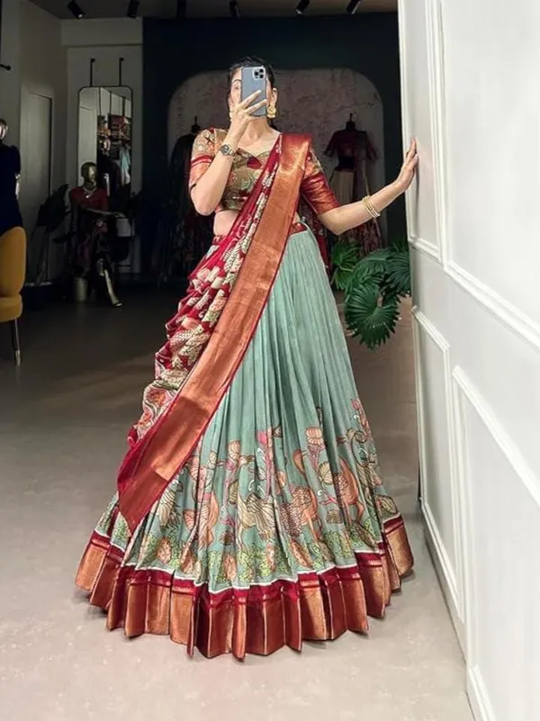Red_And_Green_Cotton_Semi_Stitched_Kalamkari_Lahenga_For_Women