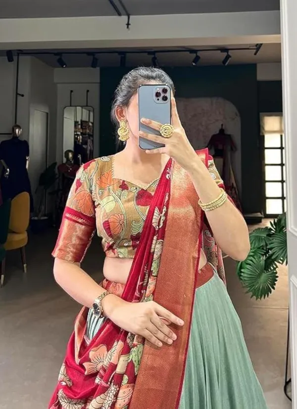 Red_And_Green_Cotton_Semi_Stitched_Kalamkari_Lahenga_For_Women