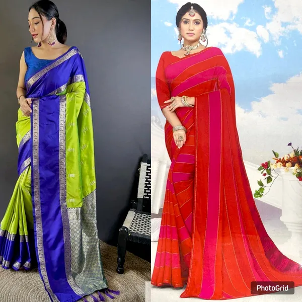 Blue_And_Green_And_Red_Patni_And_Cotton_George_Fancy_Saree_For_Women_(Pack_Of_2)