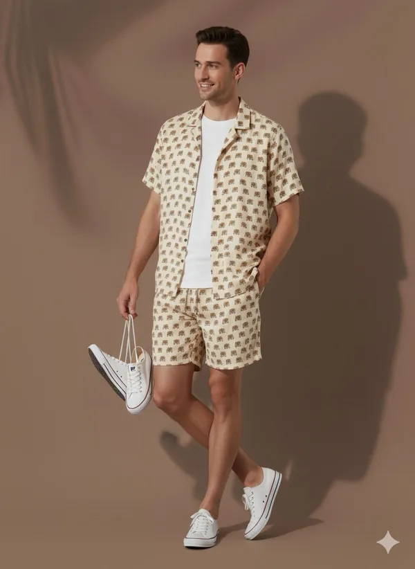 Beige_Satin_Printed_Casual_Regular_Co-Ords_Set_For_Men