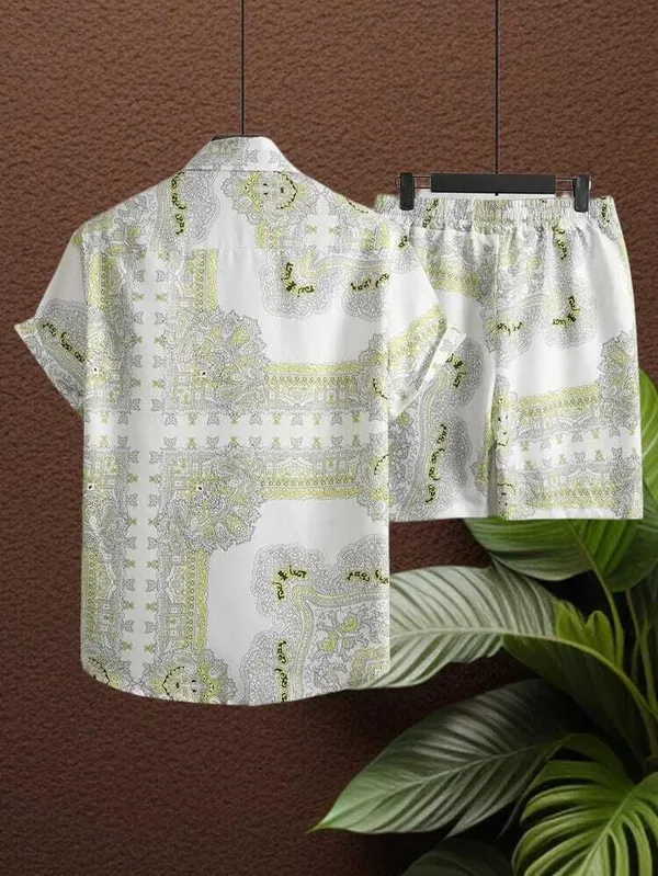White_&_Green_Satin_Printed_Casual_Regular_Co-Ords_Set_For_Men