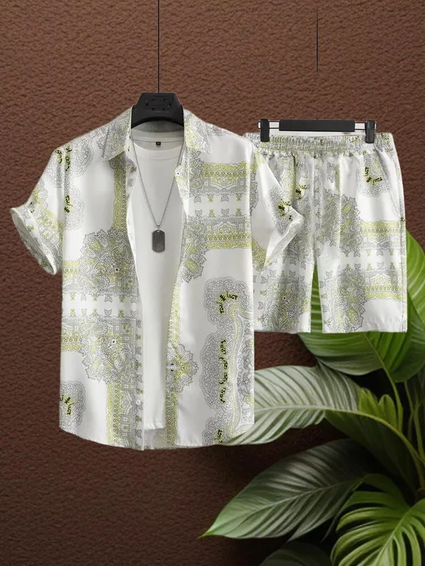 White_&_Green_Satin_Printed_Casual_Regular_Co-Ords_Set_For_Men