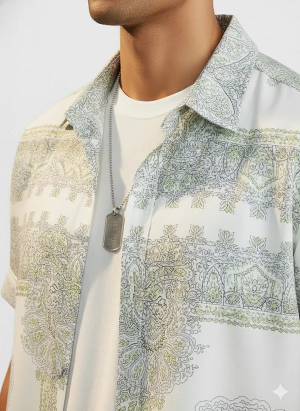 White_&_Green_Satin_Printed_Casual_Regular_Co-Ords_Set_For_Men