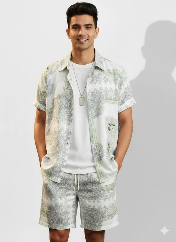 White_&_Green_Satin_Printed_Casual_Regular_Co-Ords_Set_For_Men