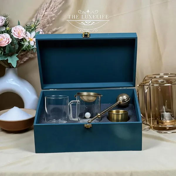Teal_Wooden_Box_Gold_Tea_Set_With_Glass_Cups_And_Infuser