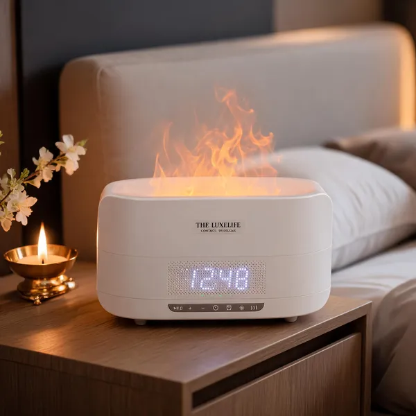 White_Flame_Aroma_Diffuser_With_Clock_And_Bluetooth_Speaker