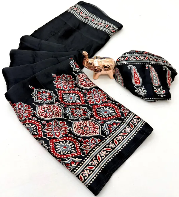 Black_Ajrakh_Printed_Modal_Silk_Plain_Saree_With_Ajrakh_Blouse_