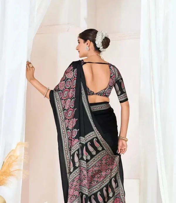 Black_Ajrakh_Printed_Modal_Silk_Plain_Saree_With_Ajrakh_Blouse_