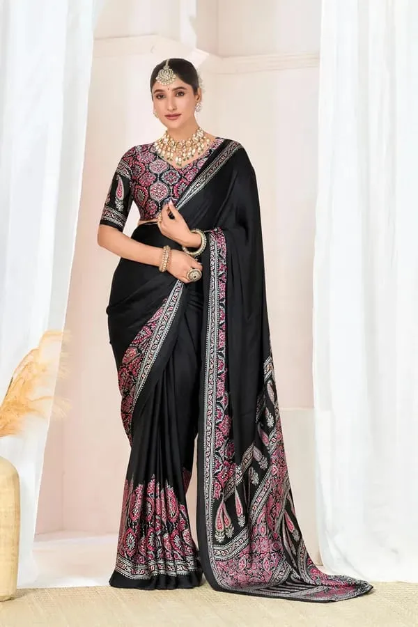 Black_Ajrakh_Printed_Modal_Silk_Plain_Saree_With_Ajrakh_Blouse_