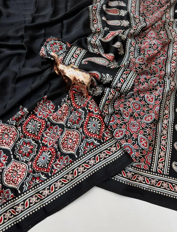 Black_Ajrakh_Printed_Modal_Silk_Plain_Saree_With_Ajrakh_Blouse_