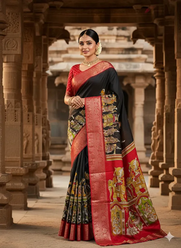 Black_&_Red_Designer_Dola_Silk_Saree_With_Blouse_Piece_