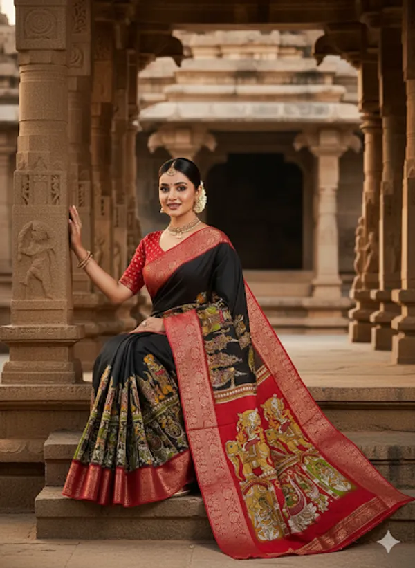 Black_&_Red_Designer_Dola_Silk_Saree_With_Blouse_Piece_