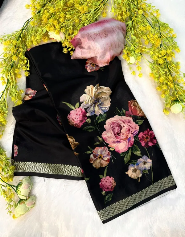 Black_Digital_Butiful_Flower_Printed_Saree_With_Blouse_Piece_