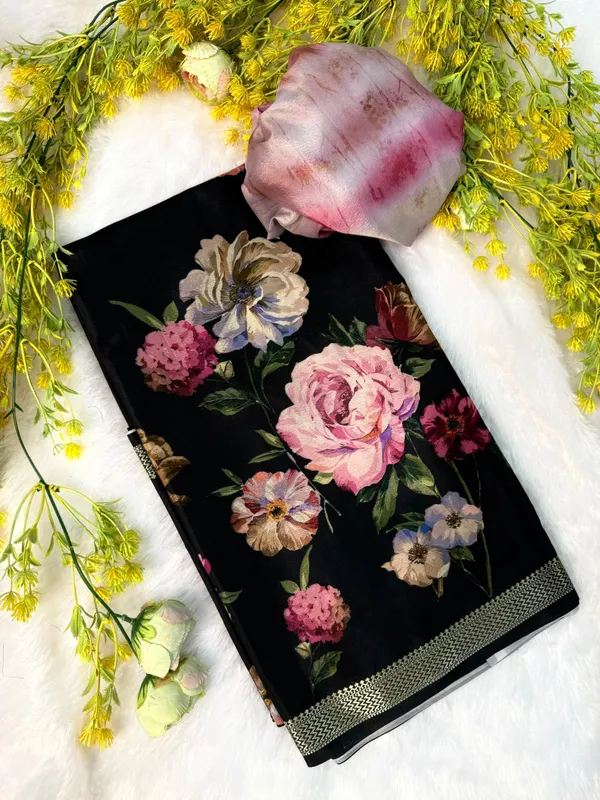 Black_Digital_Butiful_Flower_Printed_Saree_With_Blouse_Piece_