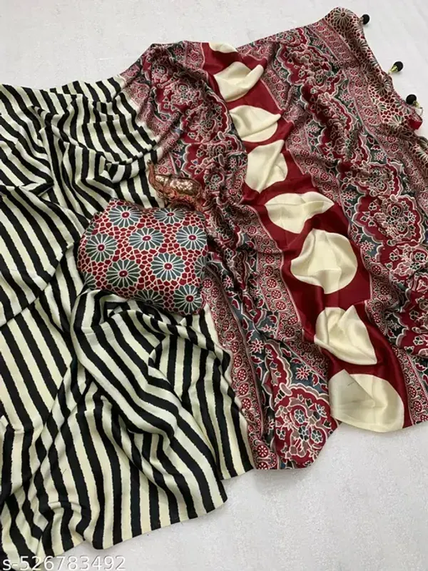 Black_&_Cream_Modal_Silk_Ajrakh_Strip_Print_Saree_With_Unstitched_Blouse_Piece