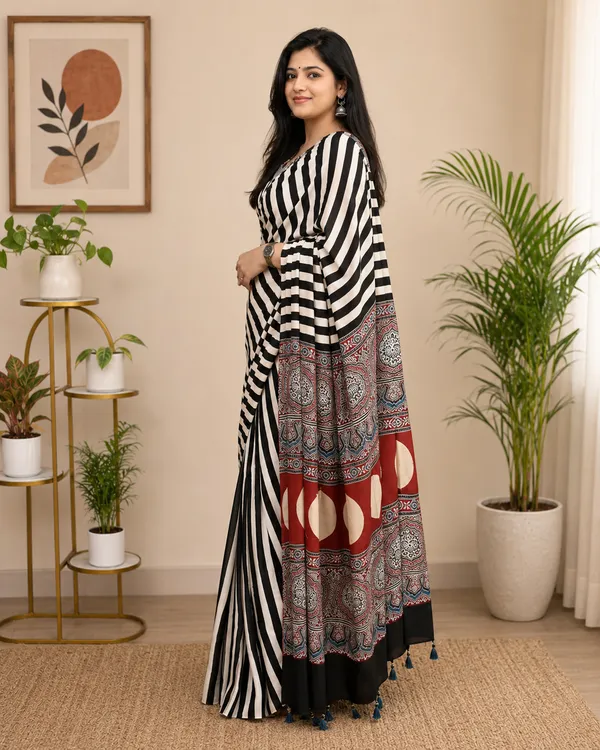 Shree_Kala_Black_&_white_Ajrakh_Silk_Saree_With_Blouse_Piece_
