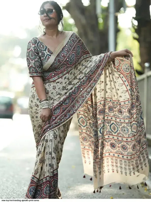 Elegant_Cream_Ajrakh_Print_Modal_Silk_Saree_with_Real_Mirror_Wark_Traditional_Border