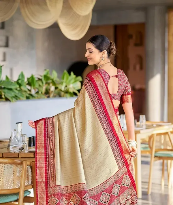 Maroon_And_Cream_Ajarakh_Pashmina_Modal_Silk_Saree_With_Blouse_Piece_