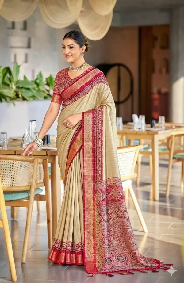 Maroon_And_Cream_Ajarakh_Pashmina_Modal_Silk_Saree_With_Blouse_Piece_