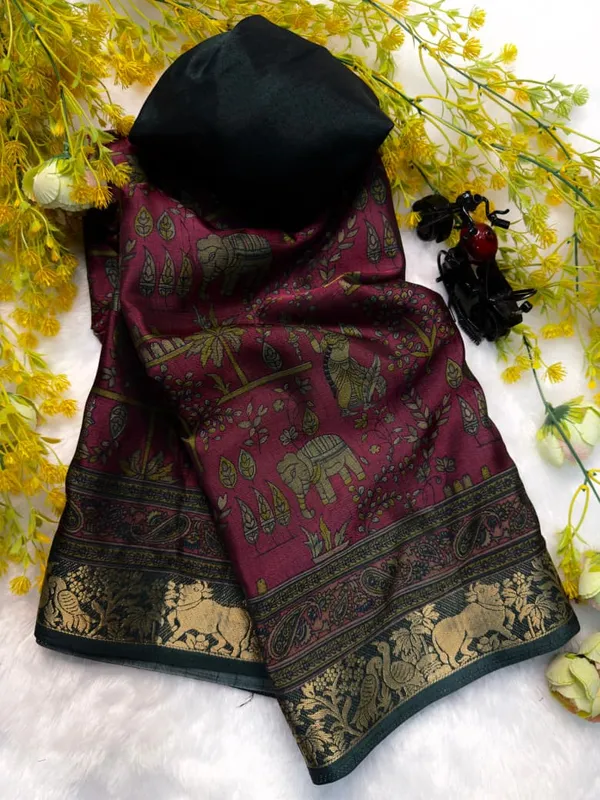 Maroon_Black_Dola_Printed_Saree_with_Maroon_Zari_Border_With_Blouse_Piece