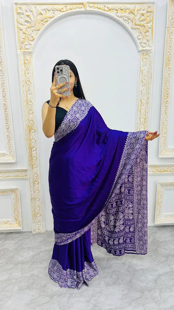 New_Blue_Attractive_Sami_Gajji_Ajrakh_Rust_pallu_Silk_Saree_With_blouse_piece