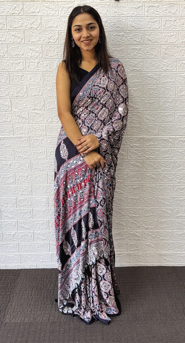 New_Gajji_Silk_Ajrakh_Modal_Silk_Saree_With_Heavy_Mirror_Wark_
