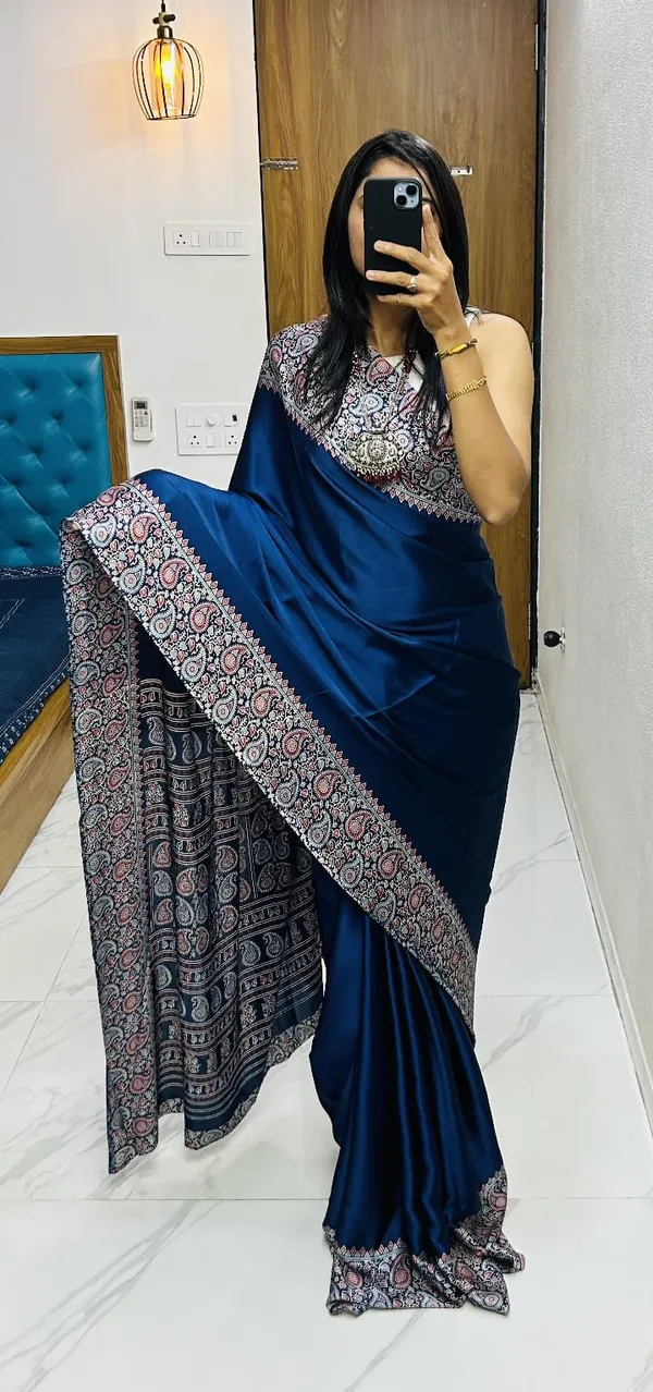 New_Royal_Blue_Attractive_Sami_Gajji_Ajrakh_Rust_pallu_Silk_Saree_With_blouse_piece