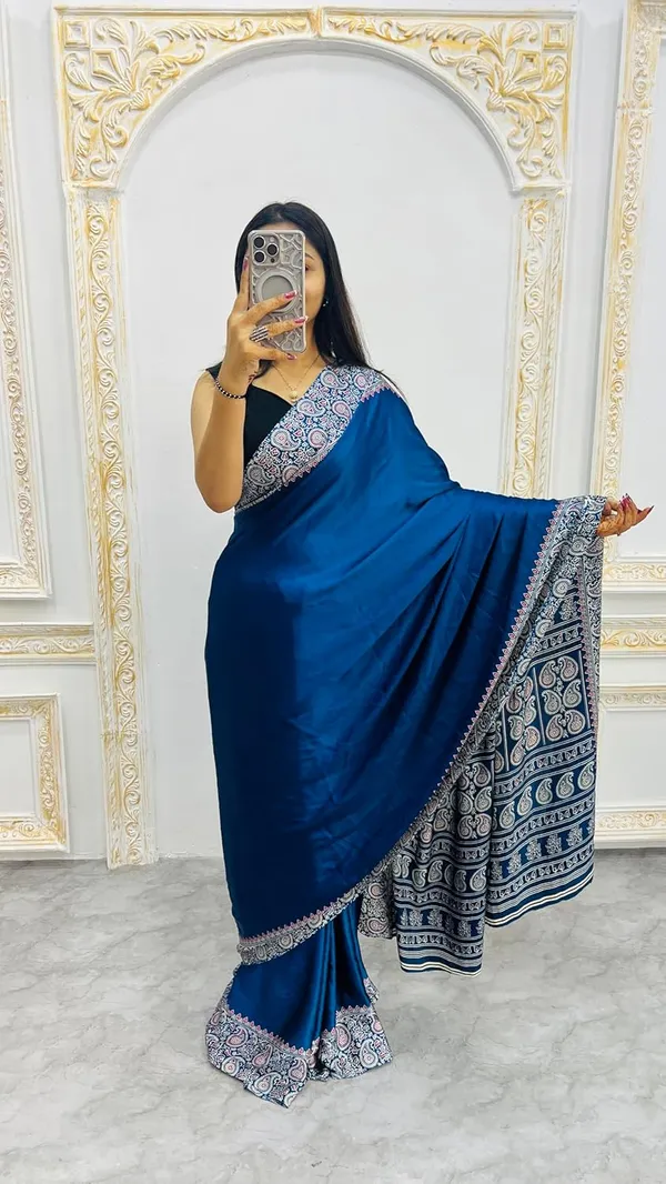 New_Royal_Blue_Attractive_Sami_Gajji_Ajrakh_Rust_pallu_Silk_Saree_With_blouse_piece