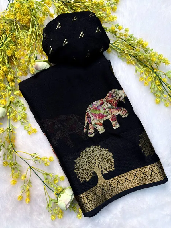 Primium_Black_Designer_Saree_with_Elephant_&_Tree_Motifs_Marshmallow_With_Blouse_Piece_