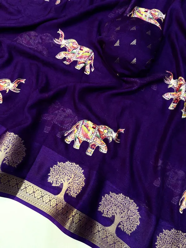 Primium_Blue_Designer_Saree_with_Elephant_&_Tree_Motifs_Marshmallow_With_Blouse_Piece_