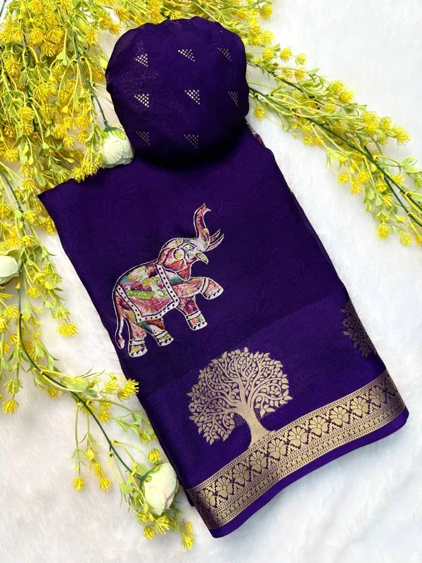 Primium_Blue_Designer_Saree_with_Elephant_&_Tree_Motifs_Marshmallow_With_Blouse_Piece_