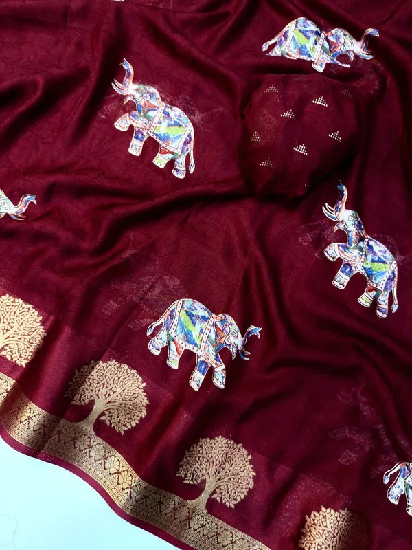 Primium_Red_Designer_Saree_with_Elephant_&_Tree_Motifs_Marshmallow_With_Blouse_Piece_