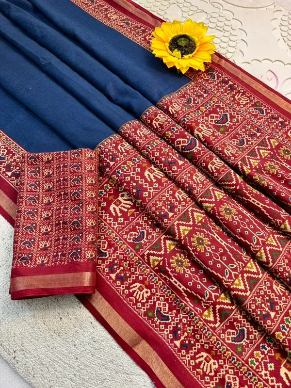 Traditional_Patola_Border_Saree_With_Plain_Body_Dola_Silk_Saree_-_blue