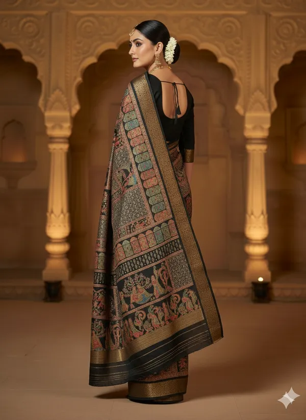 Black_Patola_Dola_Silk_Saree_With_Traditional_Motifs_and_a_wide_gold_zari_border._