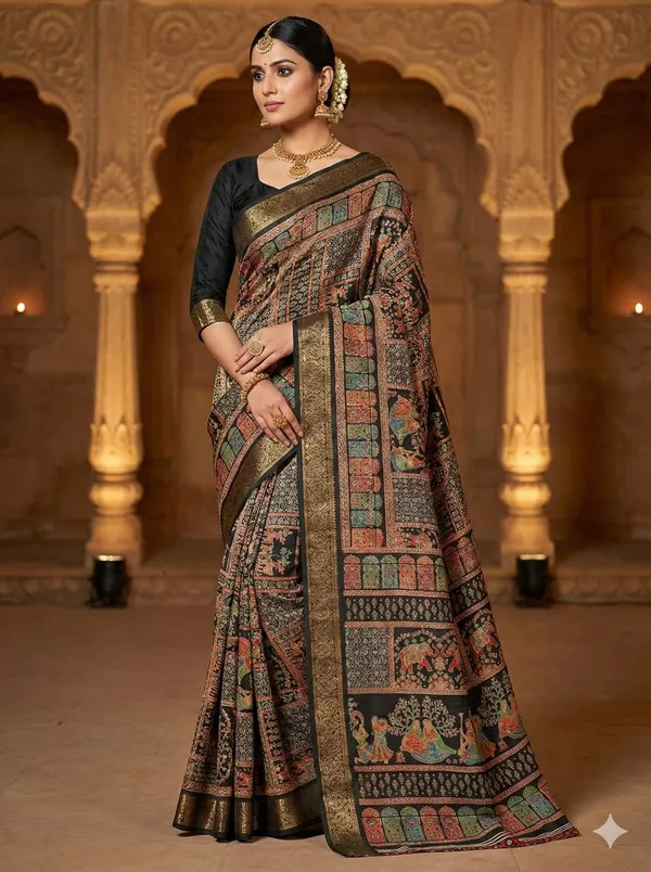 Black_Patola_Dola_Silk_Saree_With_Traditional_Motifs_and_a_wide_gold_zari_border._