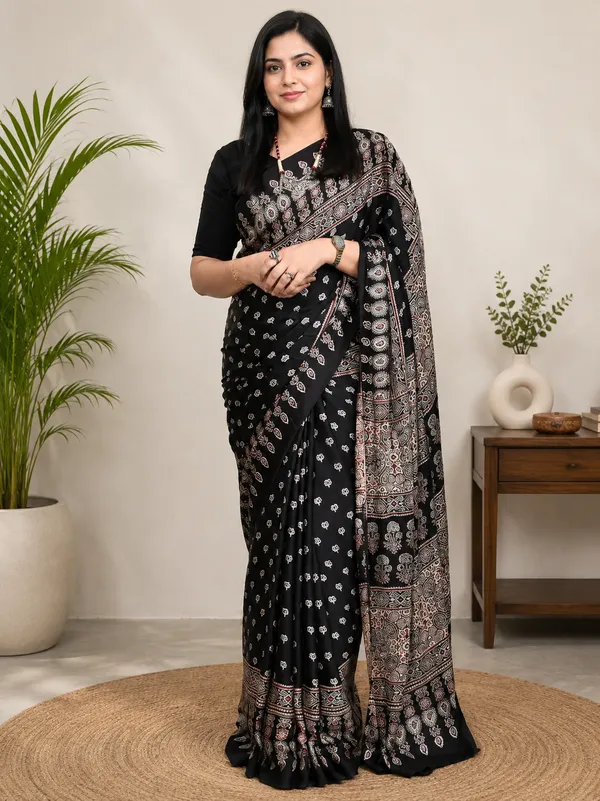 Shree_Kala_Black_Ajrakh_Printed_Soft_Gaji_Silk_Natural_Print_Saree_For_Women