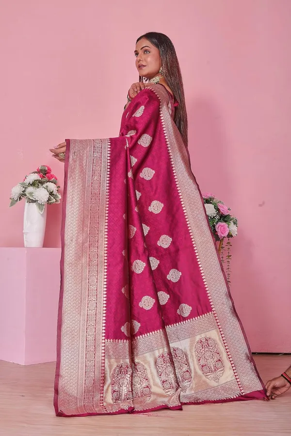 Pink_Banarasi-Style_Soft_Silk_Saree_With_Zari_Border__|_Elegant_Magenta_Pink_Wedding_Saree_With_Blouse_Piece