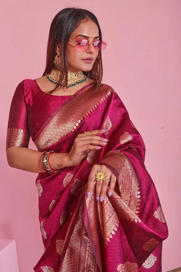 Pink_Banarasi-Style_Soft_Silk_Saree_With_Zari_Border__|_Elegant_Magenta_Pink_Wedding_Saree_With_Blouse_Piece