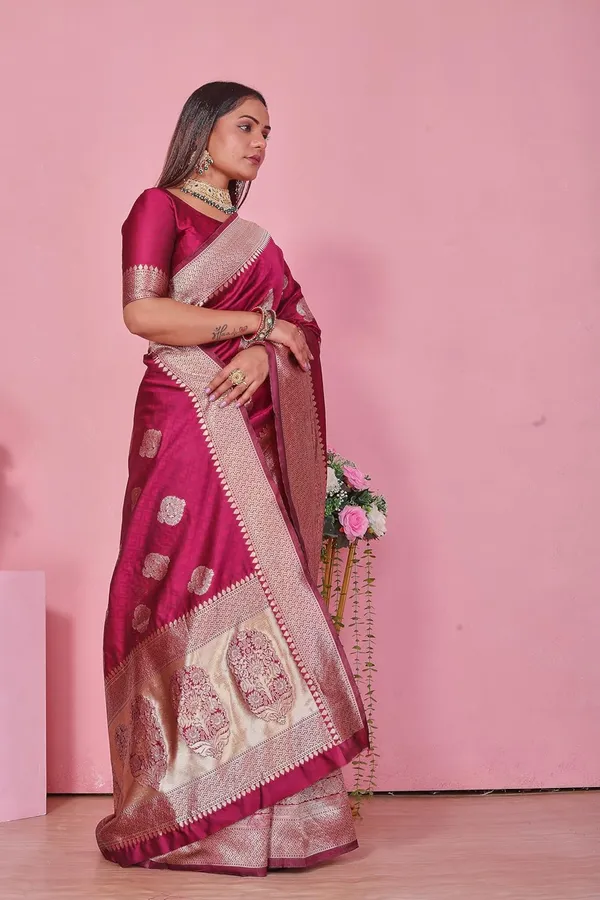 Pink_Banarasi-Style_Soft_Silk_Saree_With_Zari_Border__|_Elegant_Magenta_Pink_Wedding_Saree_With_Blouse_Piece