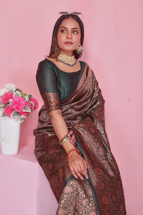 Olive_Kanjivaram_Banarasi-Style_Soft_Silk_Saree_|_Woven_Design_With_Rich_Pallu_&_Blouse_Piece_With_Earrings_Set