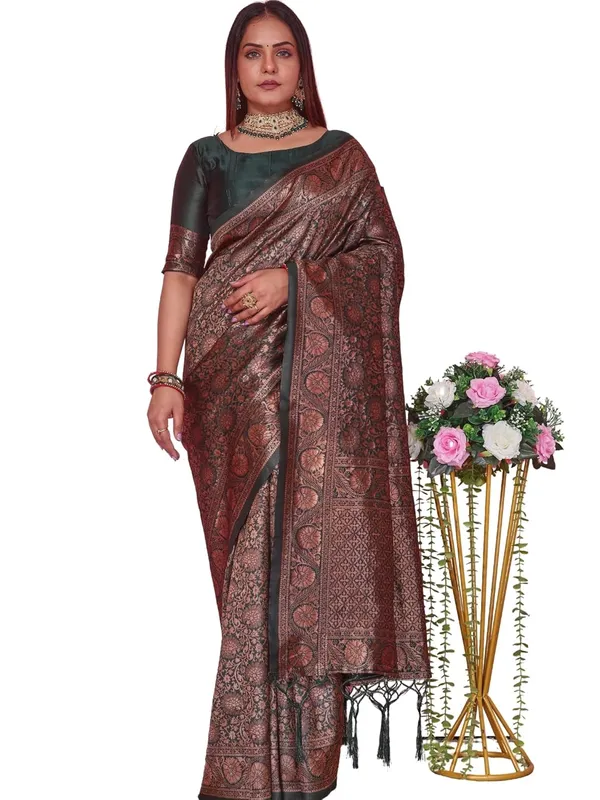 Olive_Kanjivaram_Banarasi-Style_Soft_Silk_Saree_|_Woven_Design_With_Rich_Pallu_&_Blouse_Piece_With_Earrings_Set