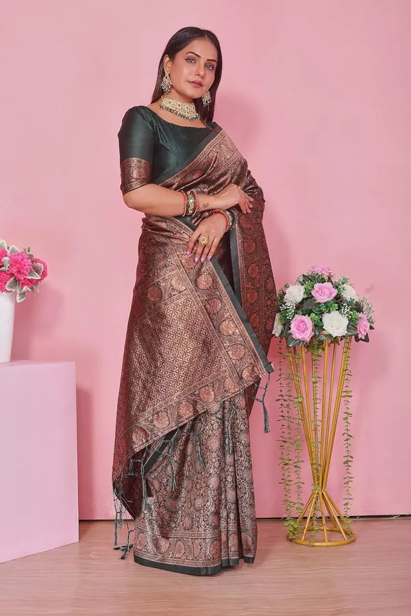 Olive_Kanjivaram_Banarasi-Style_Soft_Silk_Saree_|_Woven_Design_With_Rich_Pallu_&_Blouse_Piece_With_Earrings_Set