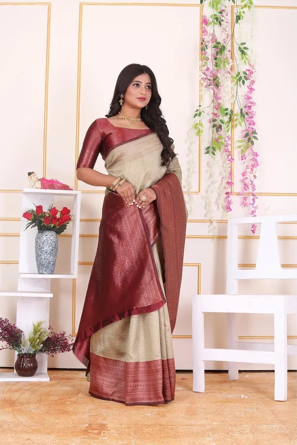 Beige_&_Maroon_Banarasi-Style_Soft_Silk_Saree_For_Women_|_Elegant_Beige_And_Maroon_Zari_Woven_Saree_With_Rich_Pallu_&_Blouse_Piece_|_Perfect_For_Wedding,_Party