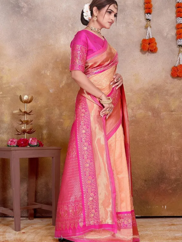 Peach_&_Pink_Banarasi-Style_Soft_Silk_Saree_For_Women_|_Peach_&_Pink_Handloom_Woven_Saree_With_Zari_Border_And_Blouse_Piece_|_Ideal_For_Wedding
