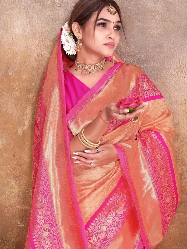 Peach_&_Pink_Banarasi-Style_Soft_Silk_Saree_For_Women_|_Peach_&_Pink_Handloom_Woven_Saree_With_Zari_Border_And_Blouse_Piece_|_Ideal_For_Wedding