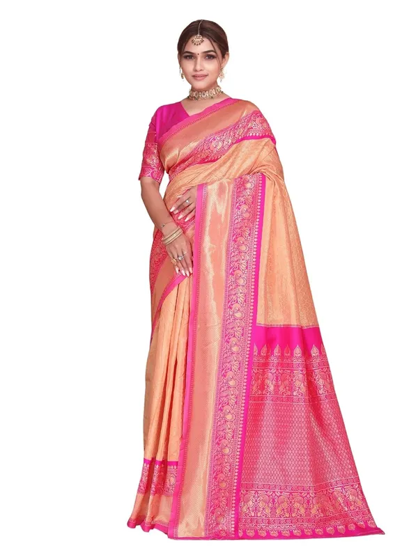 Peach_&_Pink_Banarasi-Style_Soft_Silk_Saree_For_Women_|_Peach_&_Pink_Handloom_Woven_Saree_With_Zari_Border_And_Blouse_Piece_|_Ideal_For_Wedding