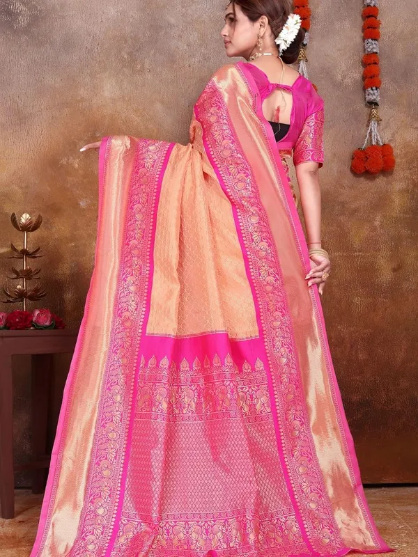 Peach_&_Pink_Banarasi-Style_Soft_Silk_Saree_For_Women_|_Peach_&_Pink_Handloom_Woven_Saree_With_Zari_Border_And_Blouse_Piece_|_Ideal_For_Wedding
