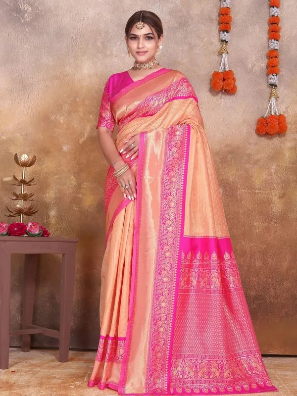 Peach_&_Pink_Banarasi-Style_Soft_Silk_Saree_For_Women_|_Peach_&_Pink_Handloom_Woven_Saree_With_Zari_Border_And_Blouse_Piece_|_Ideal_For_Wedding