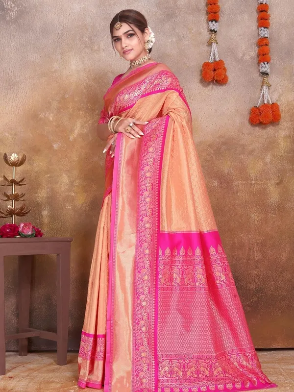 Peach_&_Pink_Banarasi-Style_Soft_Silk_Saree_For_Women_|_Peach_&_Pink_Handloom_Woven_Saree_With_Zari_Border_And_Blouse_Piece_|_Ideal_For_Wedding